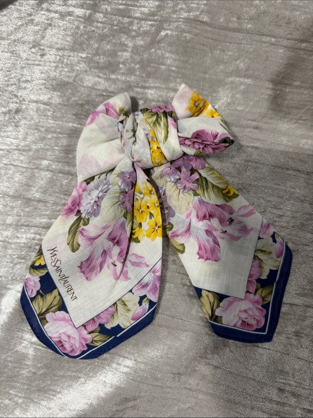 Yves Saint Laurent Floral Silk Hair Bow - White, Pink & Yellow with Navy Trim - Picture 1 of 1